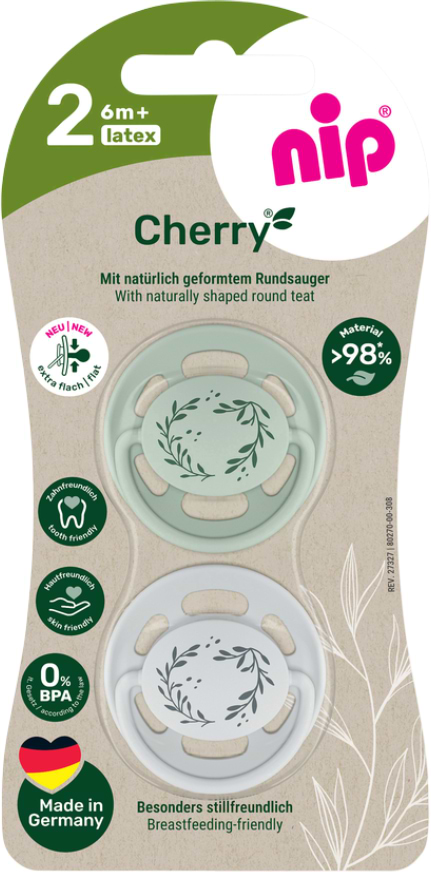 Круглая пустышка NIP Вишенка размер 2 зеленая/серая латекс от 6 мес. 2 шт. (91033-52)
