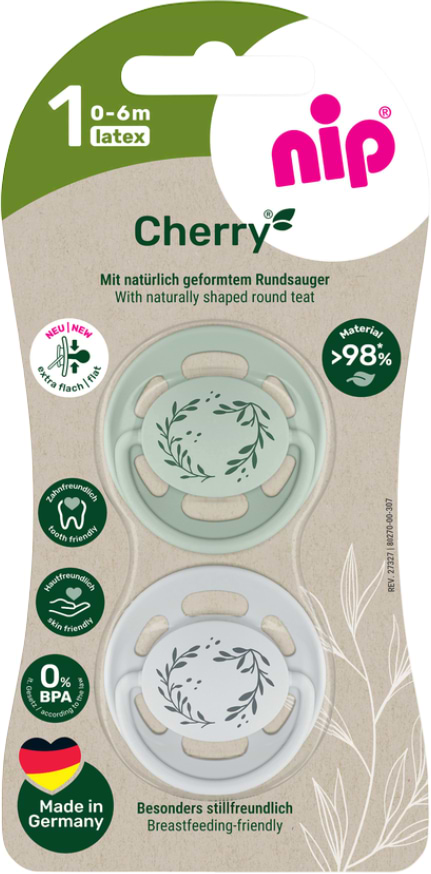 Кругла пустушка NIP Вишенька розмір 1 зелена/сіра латекс 0-6  міс. 2 шт. (91032-52)