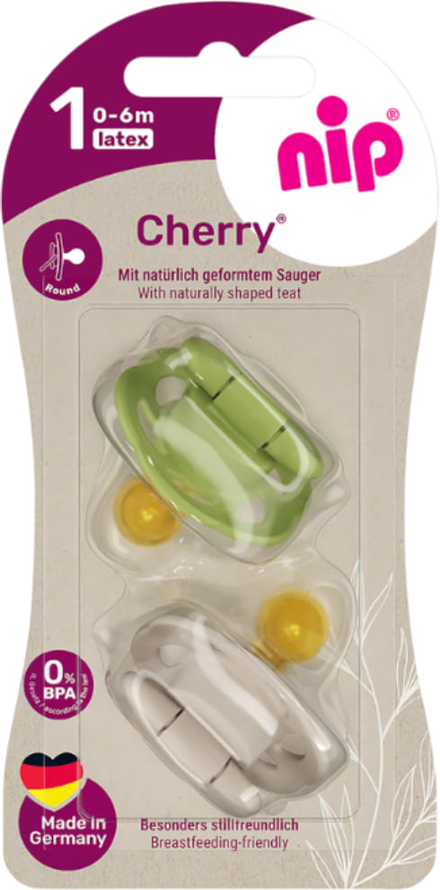 Кругла пустушка NIP Вишенька розмір 1 зелений/бежева латекс 0- 6 міс. 2 шт. (91036-51)