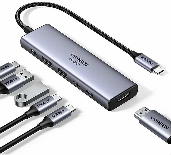 Фото - Хаб USB UGREEN CM511 USB-C to HDMI+2xUSB 3.2+2xUSB-C 3.2+PD Power Converter Gray (35999)
