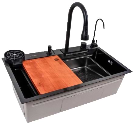Фото - Уцінка - Мийка кухонна+змішувач+дозатор VALESO 75x46F Чорна PVD Handmade Водоспад Fly rain