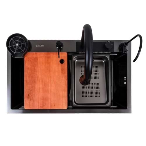 Фото - Уцінка - Мийка кухонна+змішувач+дозатор VALESO 75x46F Чорна PVD Handmade Водоспад Fly rain