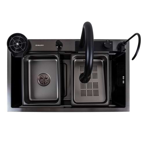 Фото - Уцінка - Мийка кухонна+змішувач+дозатор VALESO 75x46F Чорна PVD Handmade Водоспад Fly rain