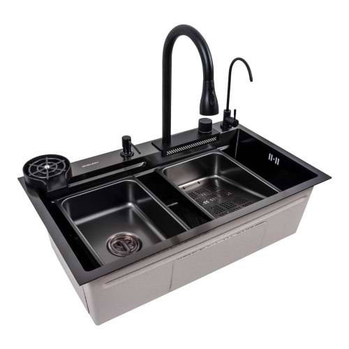 Фото - Уцінка - Мийка кухонна+змішувач+дозатор VALESO 75x46F Чорна PVD Handmade Водоспад Fly rain