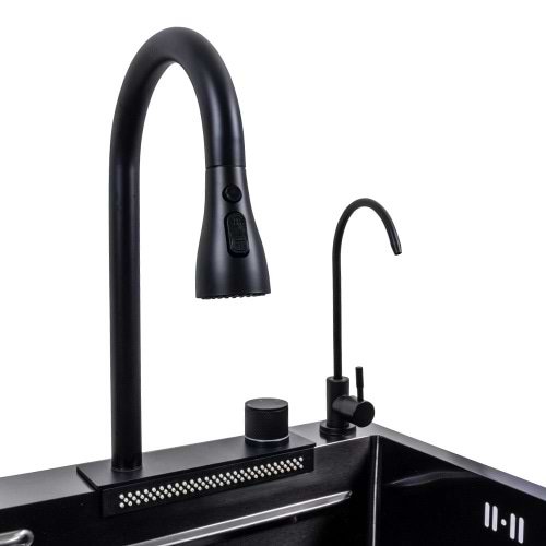 Фото - Уцінка - Мийка кухонна+змішувач+дозатор VALESO 75x46F Чорна PVD Handmade Водоспад Fly rain