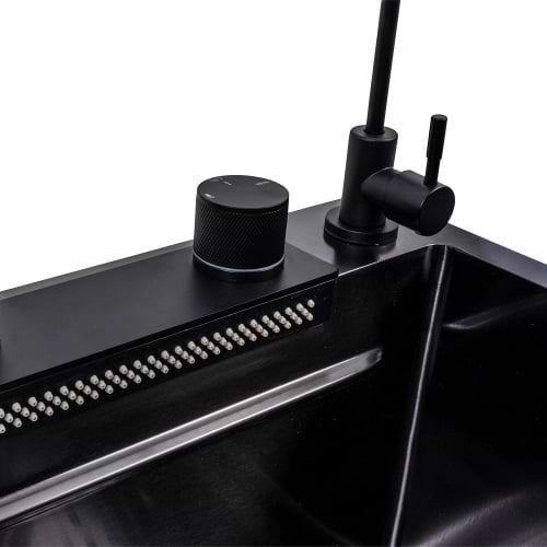 Фото - Уцінка - Мийка кухонна+змішувач+дозатор VALESO 75x46F Чорна PVD Handmade Водоспад Fly rain