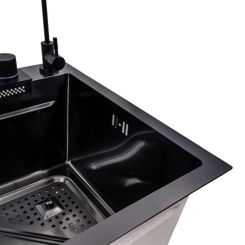 Фото - Уцінка - Мийка кухонна+змішувач+дозатор VALESO 75x46F Чорна PVD Handmade Водоспад Fly rain