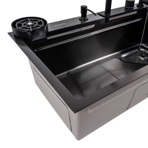 Фото - Уцінка - Мийка кухонна+змішувач+дозатор VALESO 75x46F Чорна PVD Handmade Водоспад Fly rain