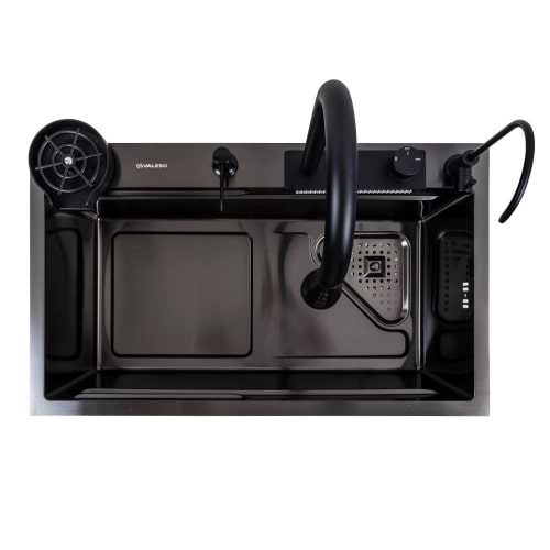 Фото - Уцінка - Мийка кухонна+змішувач+дозатор VALESO 75x46F Чорна PVD Handmade Водоспад Fly rain