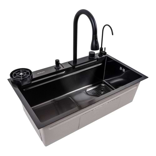 Фото - Уцінка - Мийка кухонна+змішувач+дозатор VALESO 75x46F Чорна PVD Handmade Водоспад Fly rain
