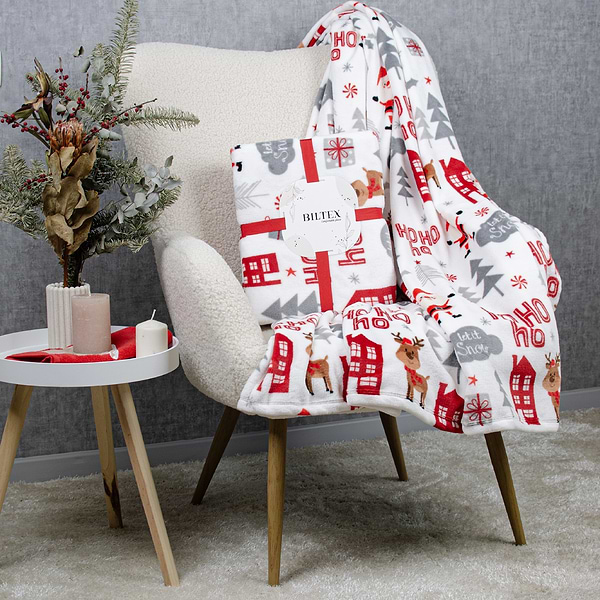 Фото - Плед евро Biltex новогодний белый Christmas Town 200х220 (4820298410642)