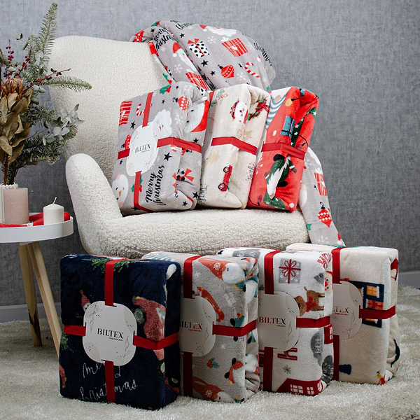 Фото - Плед полуторний Biltex новорічний сірий Merry Christmas 150х200 (4820298410529)