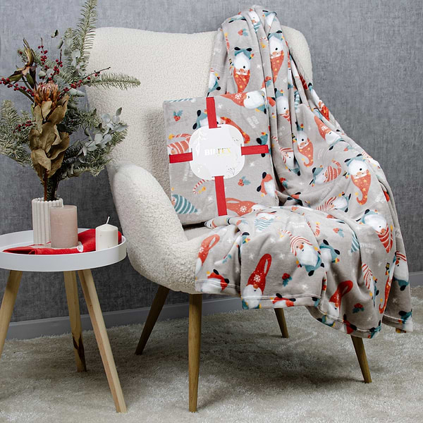 Фото - Плед полуторний Biltex новорічний сірий Funny Gnomes 150х200 (4820298410475)