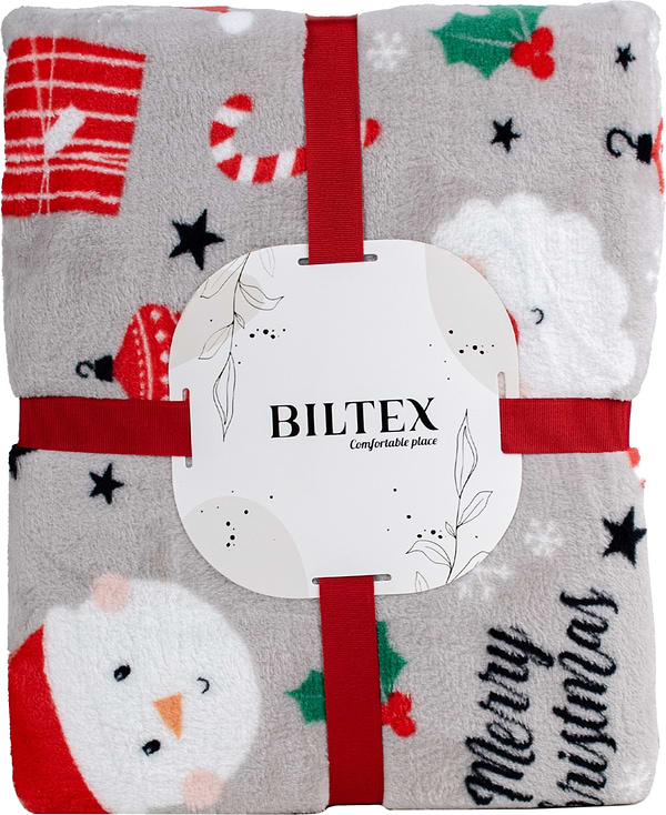 Фото - Плед полуторний Biltex новорічний сірий Merry Christmas 150х200 (4820298410529)