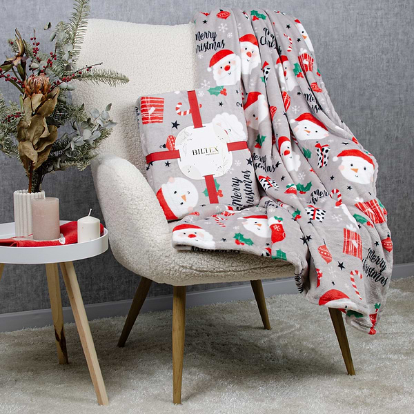 Фото - Плед полуторний Biltex новорічний сірий Merry Christmas 150х200 (4820298410529)