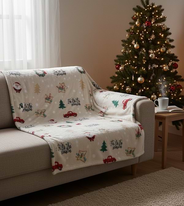 Фото - Плед полуторний Biltex новорічний бежевий Winter Whimsy 150х200 (4820298410512)