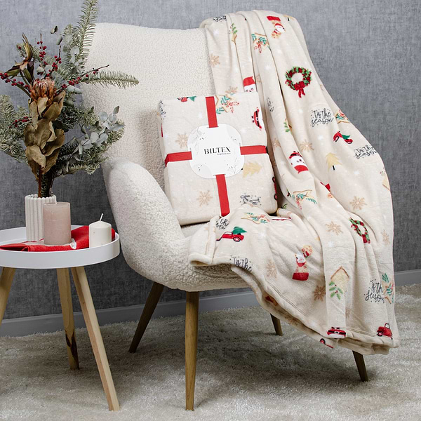 Фото - Плед євро Biltex новорічний бежевий Winter Whimsy 200х220 (4820298410703)