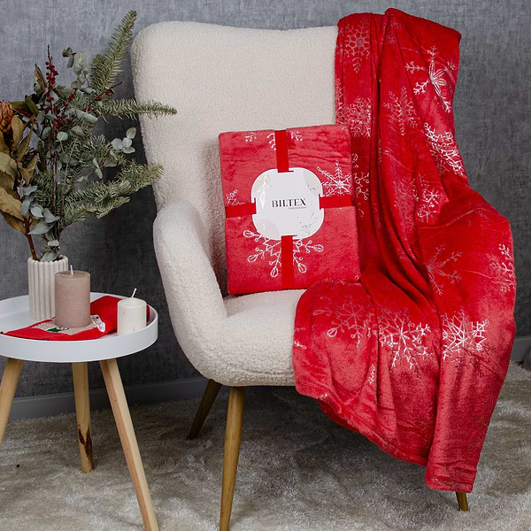 Фото - Плед двуспальный Biltex новогодний красный с фоллингом Shine Snowflake 180х200 (4820298410611)