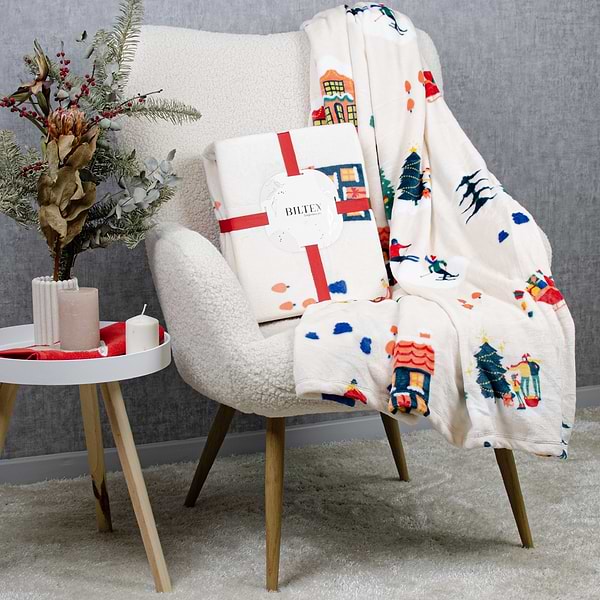 Фото - Плед євро Biltex новорічний пісочний Holiday Mood 200х220 (4820298410673)