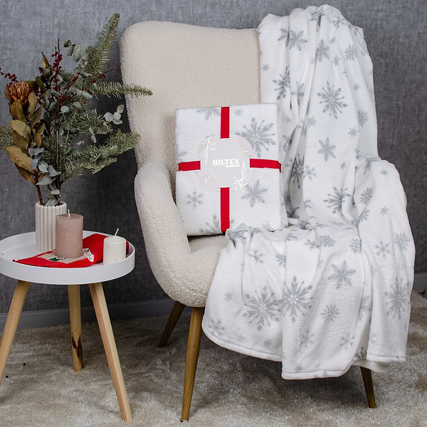 Фото - Плед двуспальный Biltex новогодний белый Snowflake 180х200 (4820298410635)