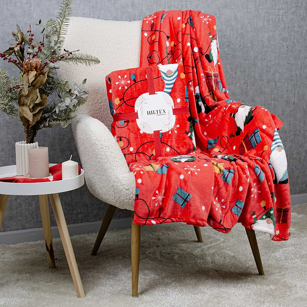 Фото - Плед євро Biltex новорічний червоний Party Gnomes 200х220 (4820298410697)