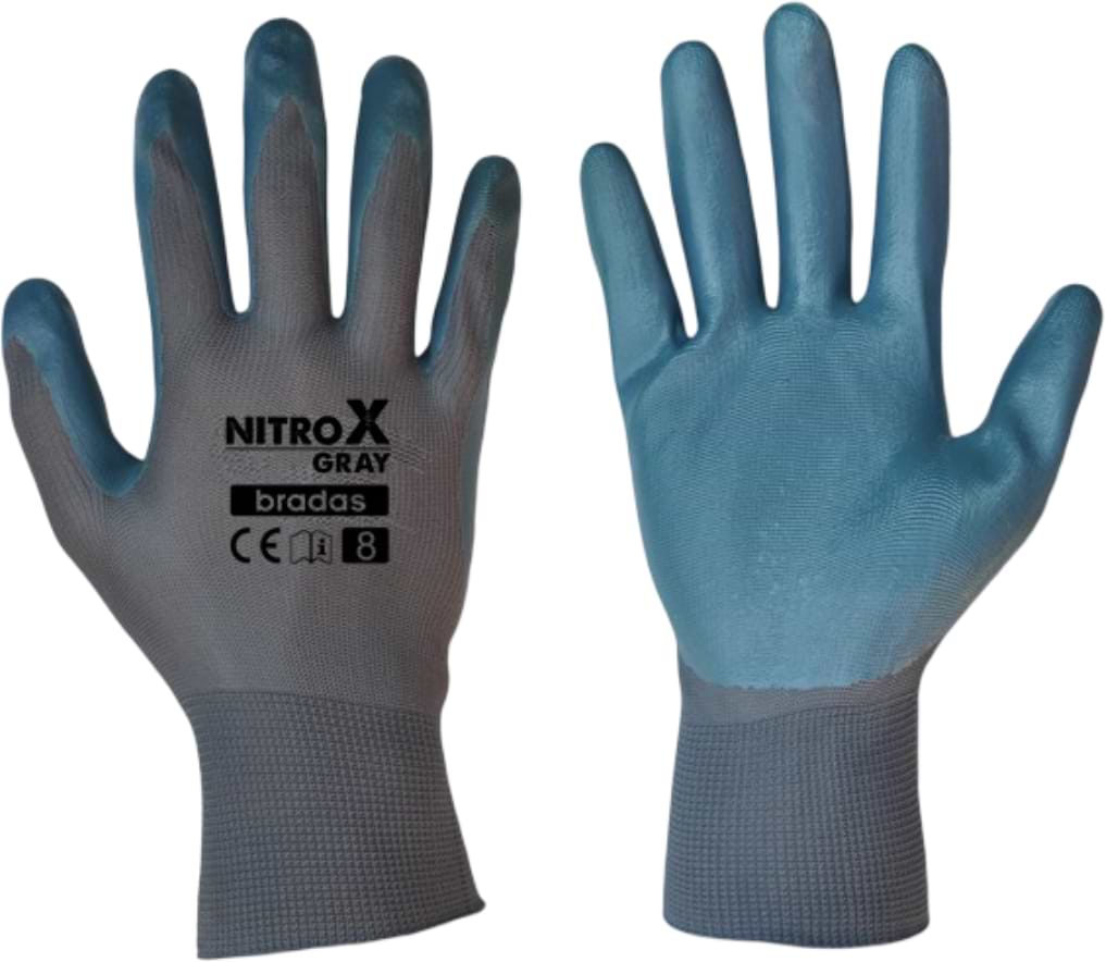 Рукавички садові BRADAS Nitrox Gray з нітриловим покриттям, розмір 9, 12 пар Сірі з блакитним (RWNGY9)