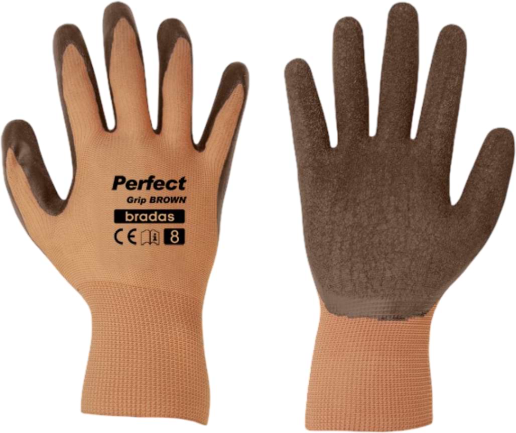 Рукавички садові BRADAS Perfect Grip Brown з латексним покриттям, розмір 8, 12 пар Коричневі (RWPGBR8)
