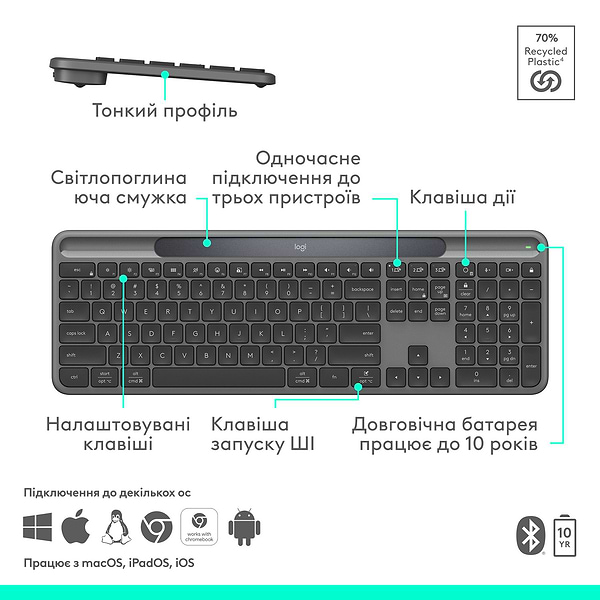 Фото - Клавіатура бездротова Logitech Slim Solar+ Graphite (920-013764)
