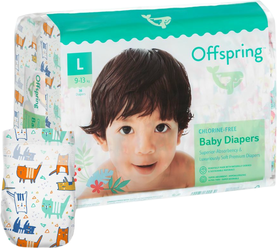 Одноразовые подгузники Offspring размер L 9-13 кг 36 шт. Котики (DP-OI-FAT-L36P-MTC) - Фото 1