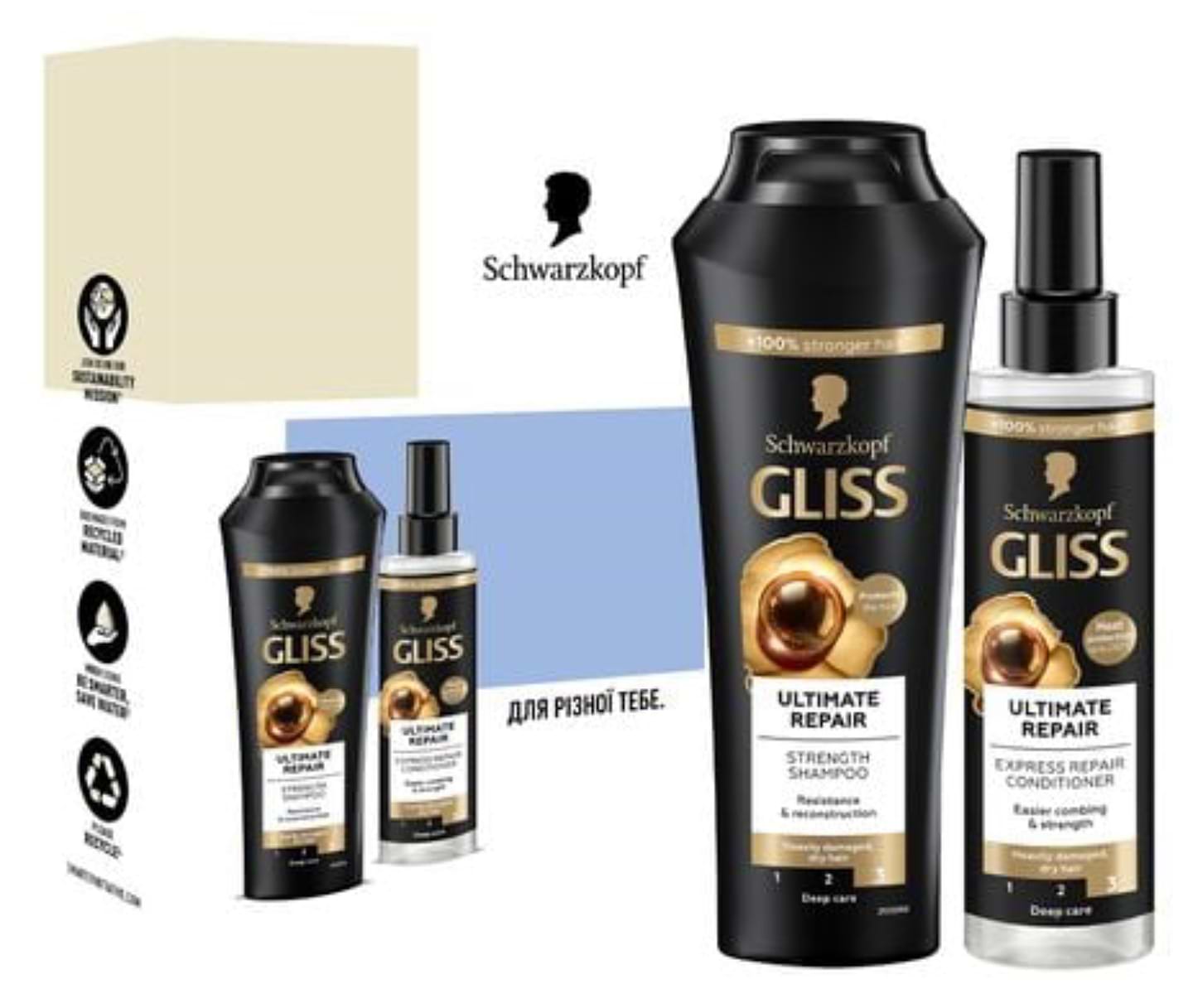 Подарочный набор для ухода за волосами Schwarzkopf Prof. Gliss Kur Ultimate repair. Шампунь 250 мл + Кондиционер 200 мл - Фото 1