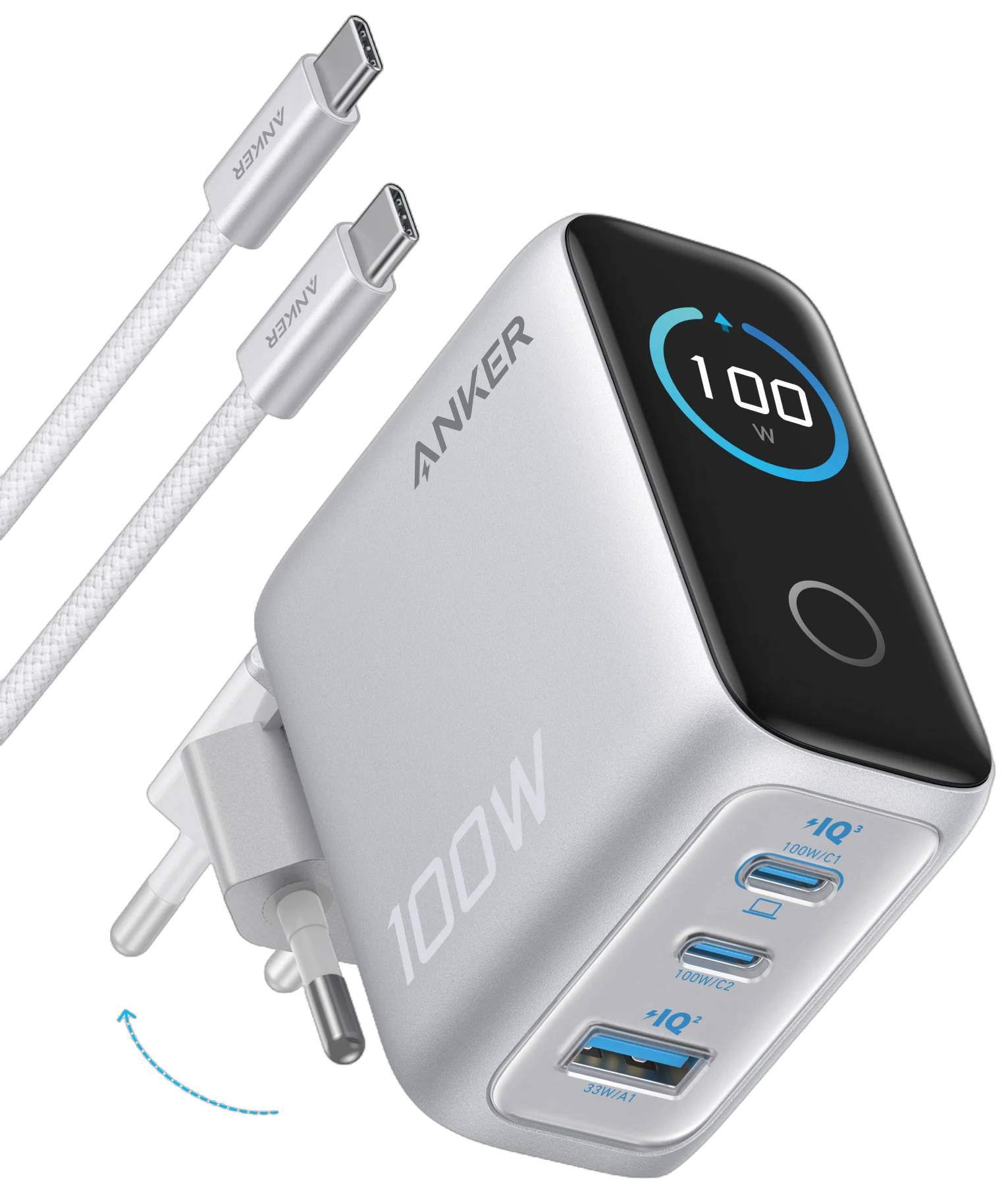 Мережевий зарядний пристрій Anker GaN Charger 100W, 2xUSB-C PD & 1xUSB-A w Display and Cable Silver (B121BG41)