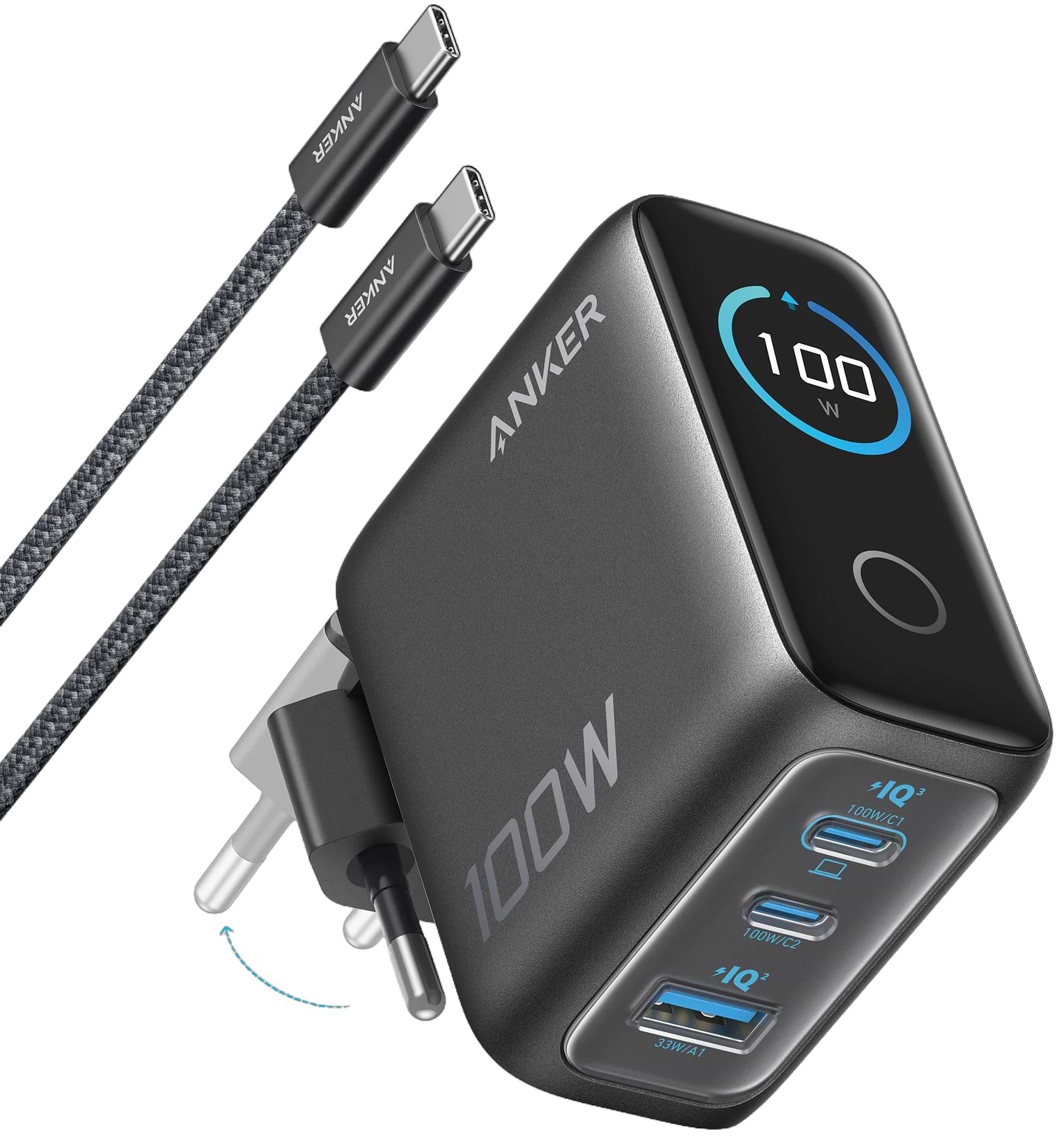 Мережевий зарядний пристрій Anker GaN Charger 100W, 2xUSB-C PD & 1xUSB-A w Display and Cable Dark Gray (B121BGZ1)