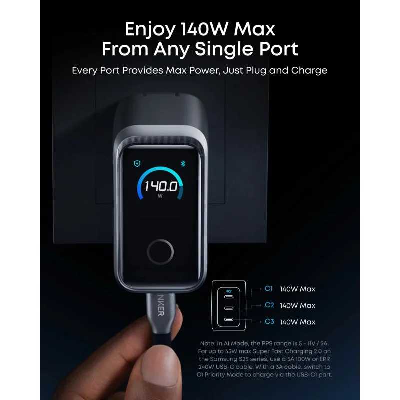 Фото - Мережевий зарядний пристрій Anker GaNPrime Charger 160W 3xUSB-C PD3.1 w Display Silver (A2687341)