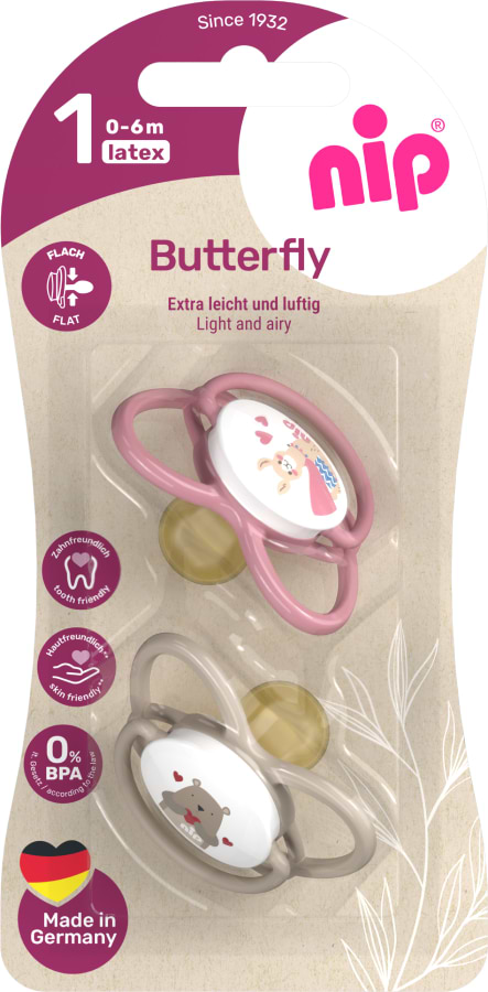 Симетрична пустушка NIP Метелик латексна 0-6 міс. рожевий/бежевий (31053-03)