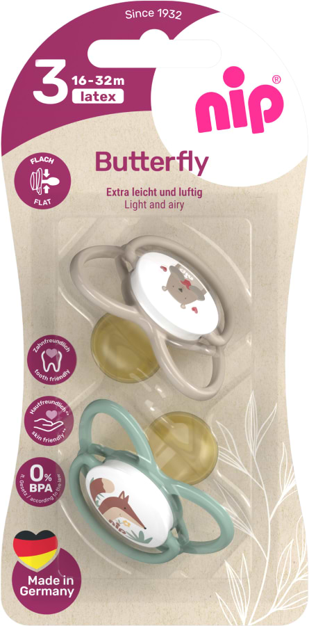 Симметричная пустышка NIP Бабочка латексная 16-32 мес. зеленый/бежевый (31055-01)