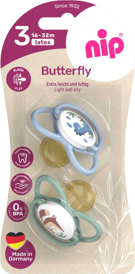 Симметричная пустышка NIP Бабочка латексная 16-32 мес. зеленый/голубой (31055-02)