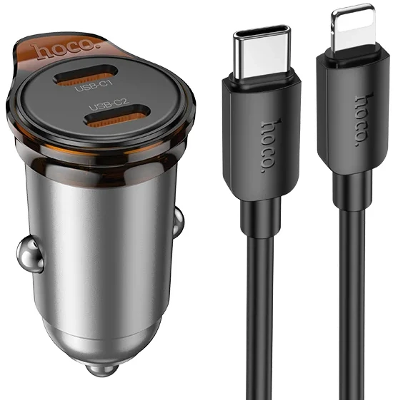 Автомобільний зарядний пристрій HOCO NZ16 PD30W car charger set(C to iP) Metal Grey (6942007644723)