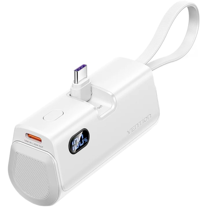 Батарея мобільна Vention 4800mAh 22,5W PD, USB-C In/Out, LED display, with built-in USB-C cable White (FHQW0) - Фото 1
