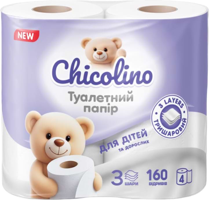 Туалетний папір Chicolino целюл. на гільзі по 4 рул. 3 шари білий (4820298170058)