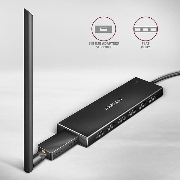 Фото - Хаб USB AXAGON HUE-F7C SuperSpeed USB-C FLAT CHARGING hub, cable 30cm USB-C, Black (HUE-F7C)