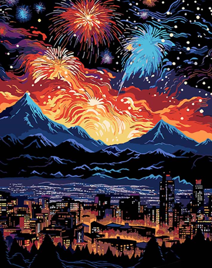 Картина по номерам Strateg Ночной город с фейерверками на черном фоне 40х50 см (AH1068)