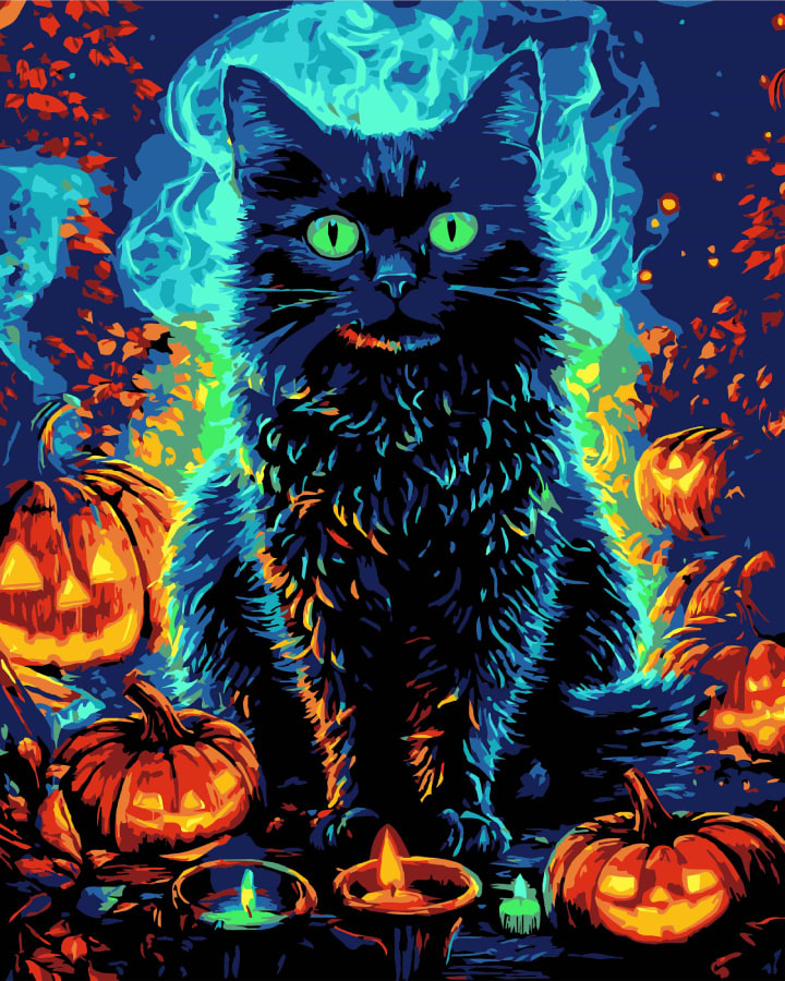 Картина за номерами Strateg Кіт у Гелловін на чорному фоні 40х50 см (AH1183-12)