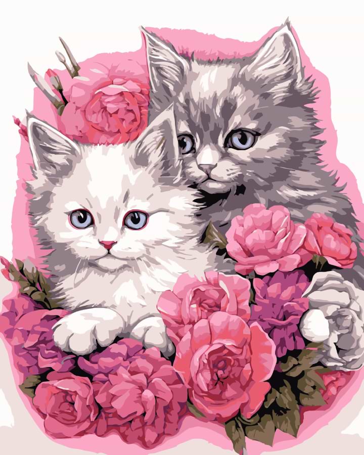 Картина за номерами Strateg Кошенята в квітах на чорному фоні 40х50 см (AH1189-16)