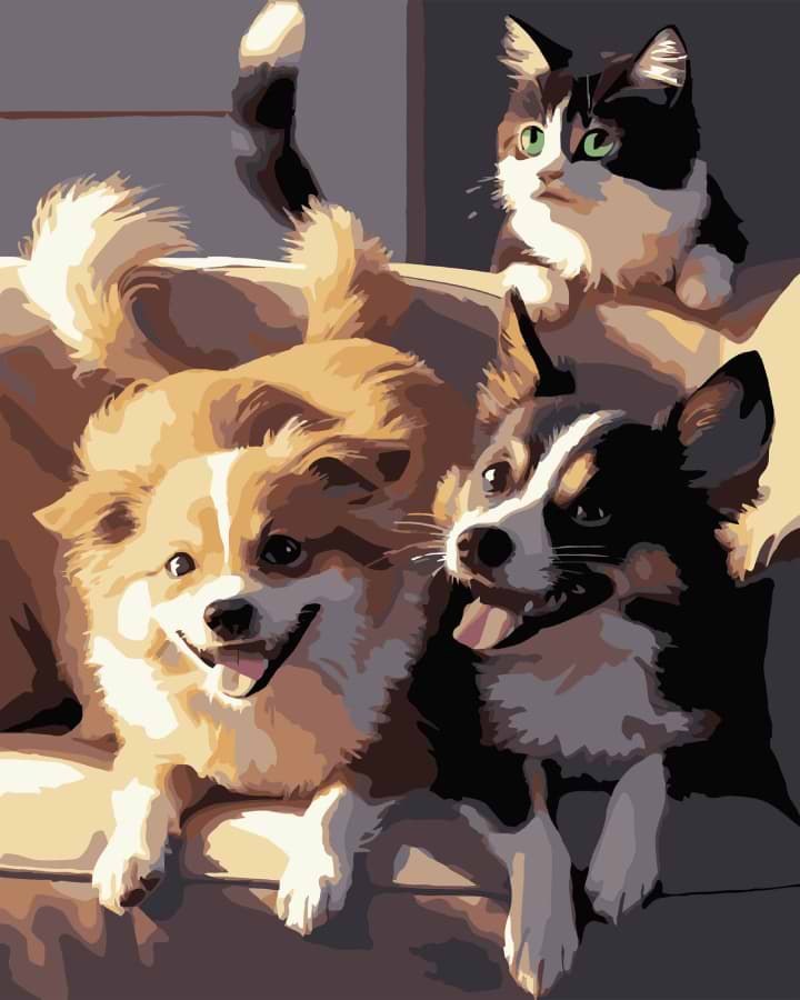 Картина по номерам Strateg Две собаки и кот на черном фоне 40х50 см (AH1190-17)