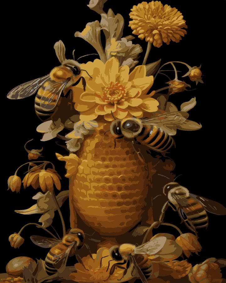 Картина по номерам Strateg Пчелы и цветы на черном фоне 40х50 см (AH1194-16)