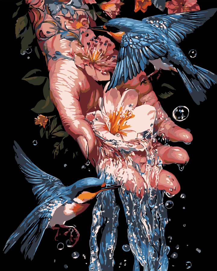 Картина за номерами Strateg Сині птахи на чорному фоні 40х50 см (AH1204-17)