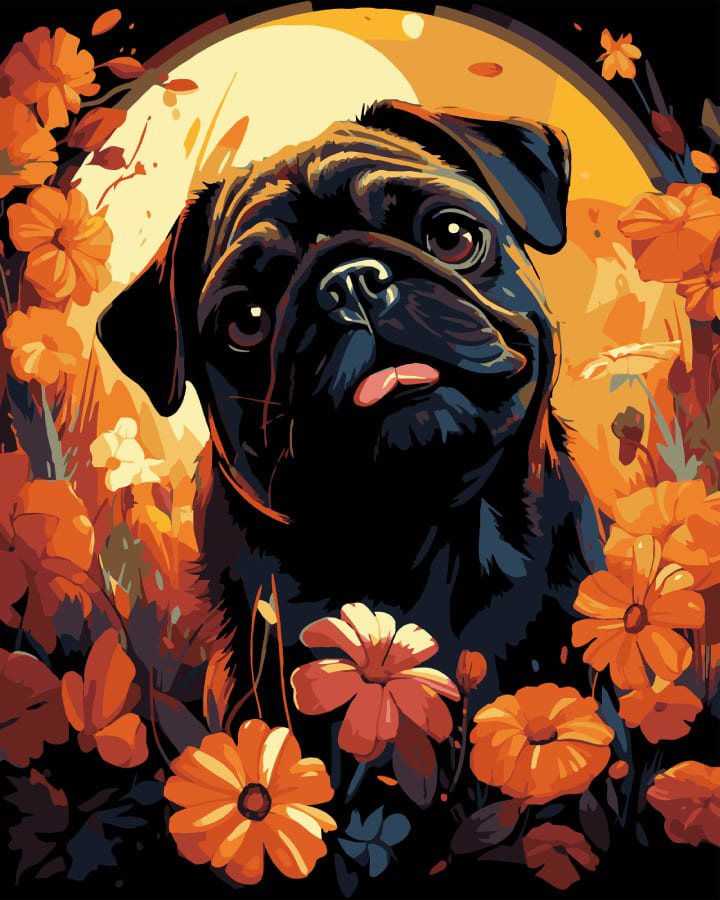 Картина за номерами Strateg Мопс у квітах на чорному фоні 40х50 см (AH1228-18)