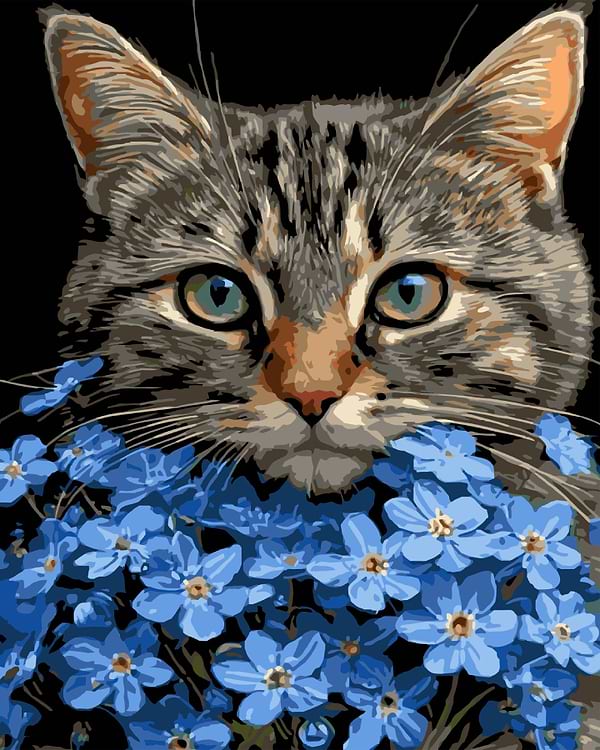 Фото - Картина по номерам Strateg Кот среди голубых цветов 40х50 (AH1273)