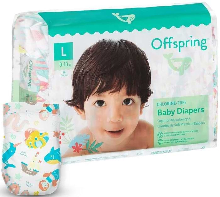 Одноразові підгузки Offspring розмір L 9-13 кг 36 шт. Таємничі моря (DP-OI-FAT-L36P-MSW)