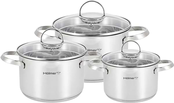 Фото - Набір каструль Holmer Dynamic 6 пр. кастрюля 2 л/2,8 л/3,8 л 3 кришки (CS-5651-SSD)